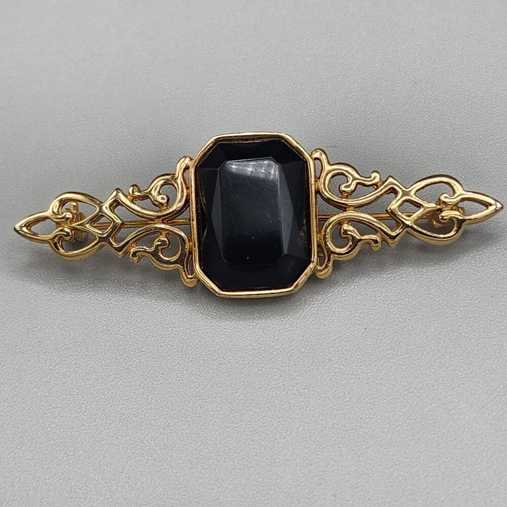 Vintage Park Lane Bar Brooch Signed 2” Gold Tone Black Faux Stone Pin Jewelry